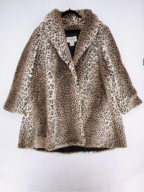 Vintage Norm Thompson Faux Fur Leopard Pea Coat - Taupe & Black size XL